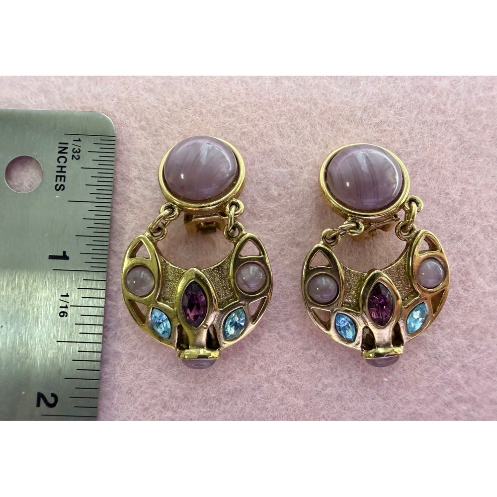 Vintage Gold Tone Purple Blue Cabochon Crystal Boho Clip On Drop Earrings